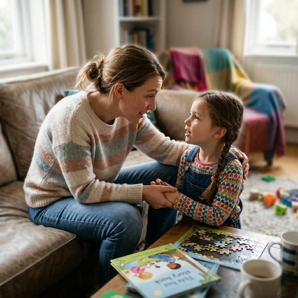 Mother and daughter holding hands and talking on couch with puzzle and books nearby